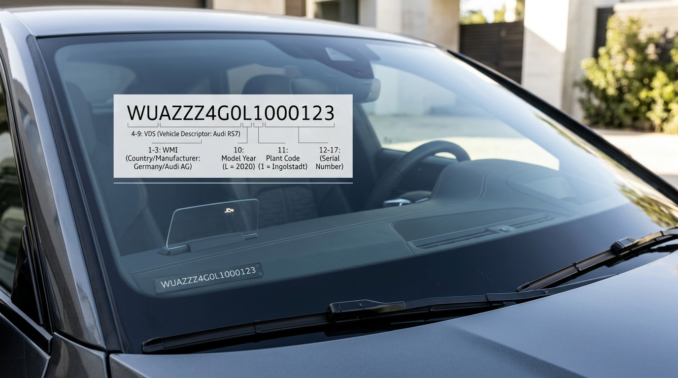 17-digit vehicle identification number VIN breakdown showing WMI, VDS, check digit, and serial numbers